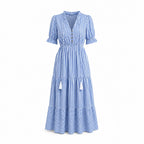 Vestido Feminino Midi Listrado Charlotte, Vestido Azul, Vestido Listrado Azul, Vestido Midi, Vestido com Listras, Vestido com Manga, Vestido com Gola V - lojamillani