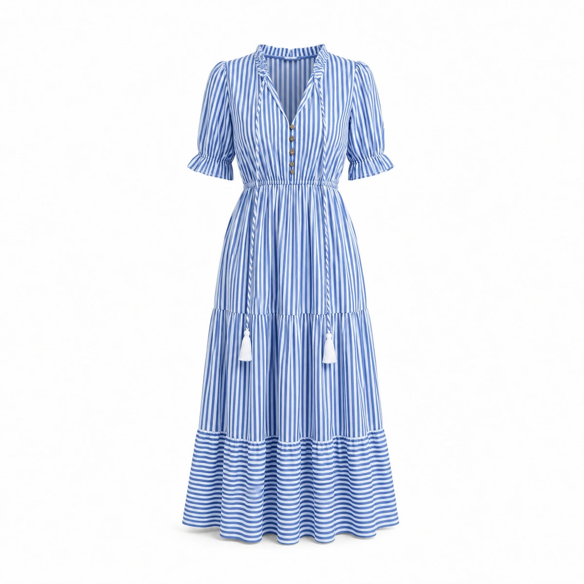 Vestido Feminino Midi Listrado Charlotte, Vestido Azul, Vestido Listrado Azul, Vestido Midi, Vestido com Listras, Vestido com Manga, Vestido com Gola V - lojamillani