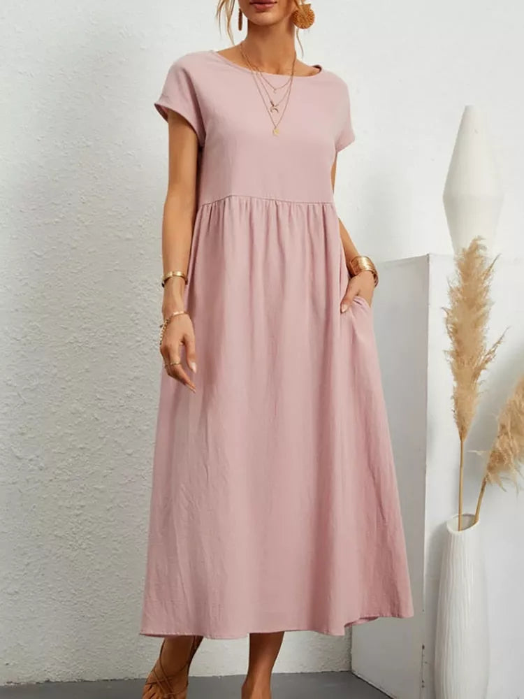 Vestido Feminino Midi Soltinho Elizabeth, Vestido Rosa, Vestido Túnica, Vestido Soltinho, Vestido Largo, Vestido Vintage - lojamillani