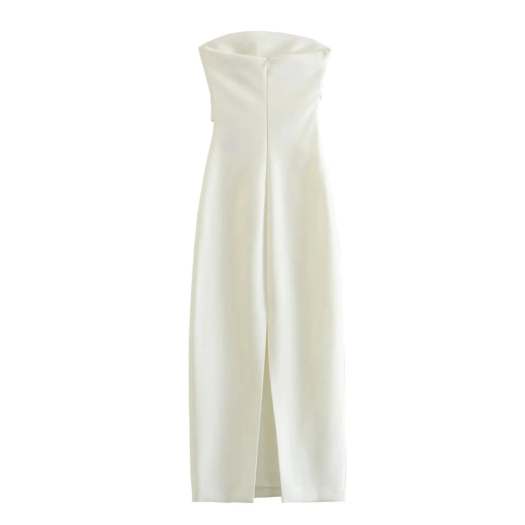 Vestido Feminino Midi Tubinho Tomara Que Caia Elise, vestido branco, vestido tomara que caia, vestido midi, vestido tubinho, vestido midi com fenda, vestido elegante - lojamillani