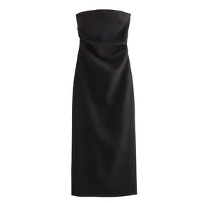 Vestido Feminino Midi Tubinho Tomara Que Caia Elise, vestido preto, vestido tomara que caia, vestido midi, vestido tubinho, vestido midi com fenda, vestido elegante - lojamillani