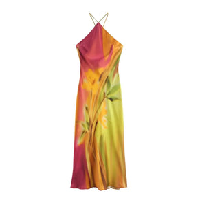 Vestido Feminino Vibrante com Alças Cruzadas Tropicália, vestido decote triangular, vestido com alças cruzadas, vestido boho, vestido de alças finas, vestido de verão - lojamillani