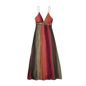 Vestido Feminino Longo Degradê de Alcinha Aura, vestido degradê, vestido de alcinha, vestido evasê, vestido longo degradê, vestido decote em V - lojamillani