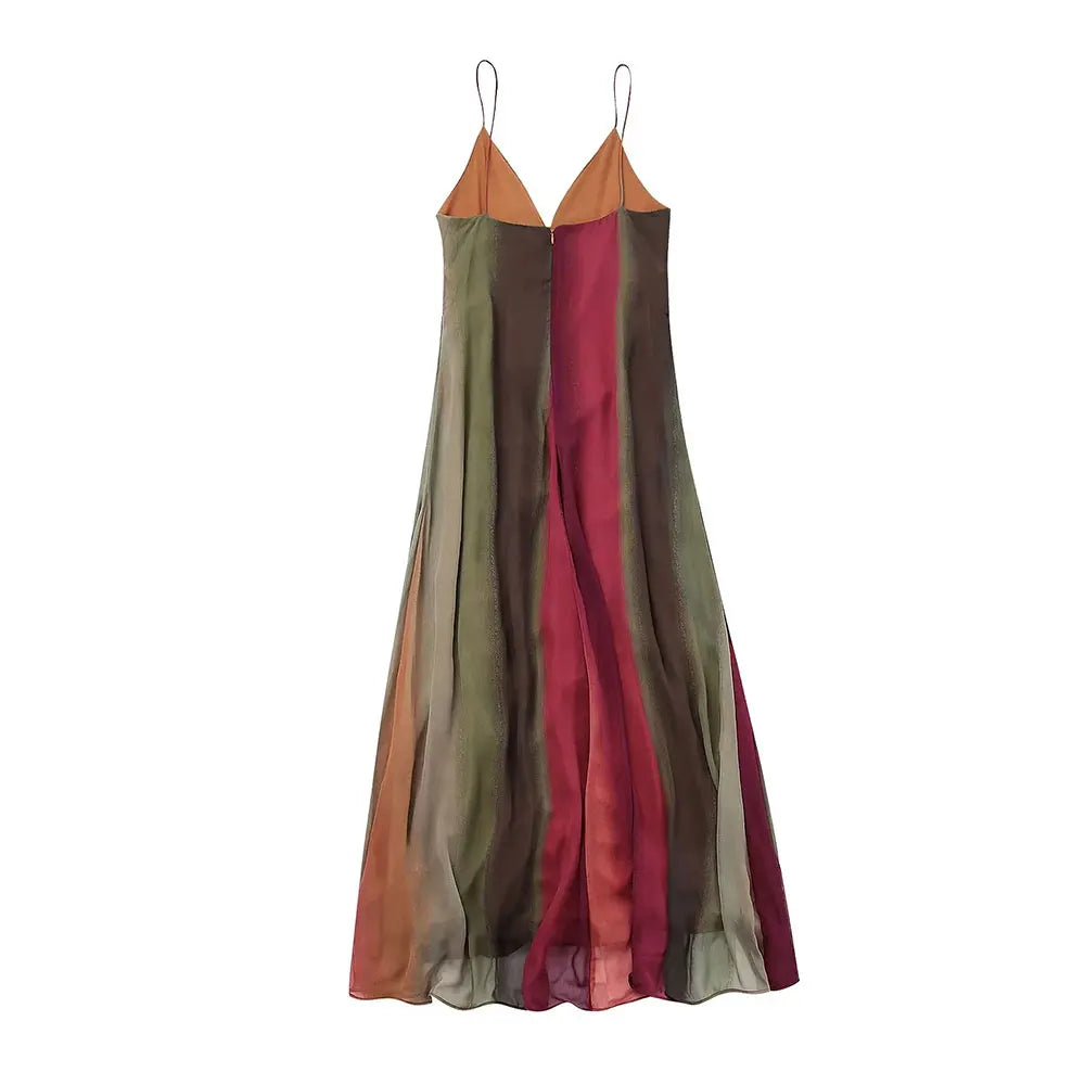 Vestido Feminino Longo Degradê de Alcinha Aura, vestido degradê, vestido de alcinha, vestido evasê, vestido longo degradê, vestido decote em V - lojamillani