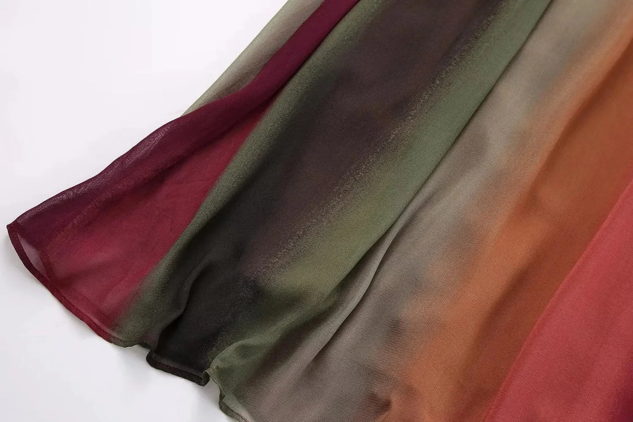 Vestido Feminino Longo Degradê de Alcinha Aura, vestido degradê, vestido de alcinha, vestido evasê, vestido longo degradê, vestido decote em V - lojamillani