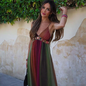 Vestido Feminino Longo Degradê de Alcinha Aura, vestido degradê, vestido de alcinha, vestido evasê, vestido longo degradê, vestido decote em V - lojamillani