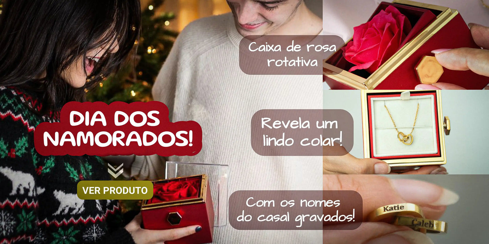 Presente romântico com colar com nome em caixa com rosa sendo entregue por rapaz