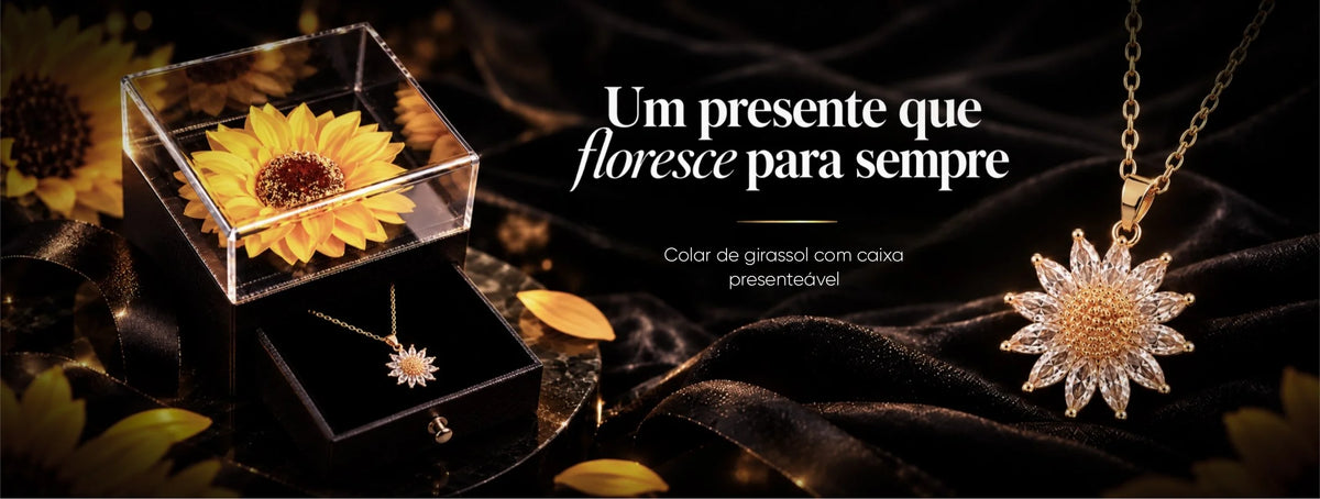 Colar feminino de girassol brilhante acompanhado de caixa especial com flor de girassol para presente.