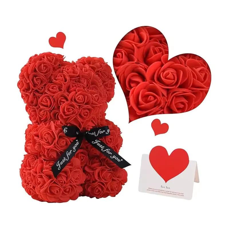 Ursinho de rosas vermelhas com laço preto e cartão de presente romântico